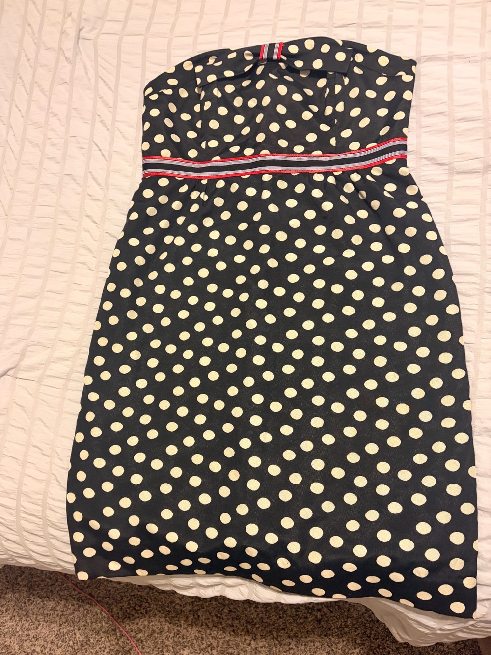 Strapless Black Polka Dot Sheath Dress with Stripe Waist